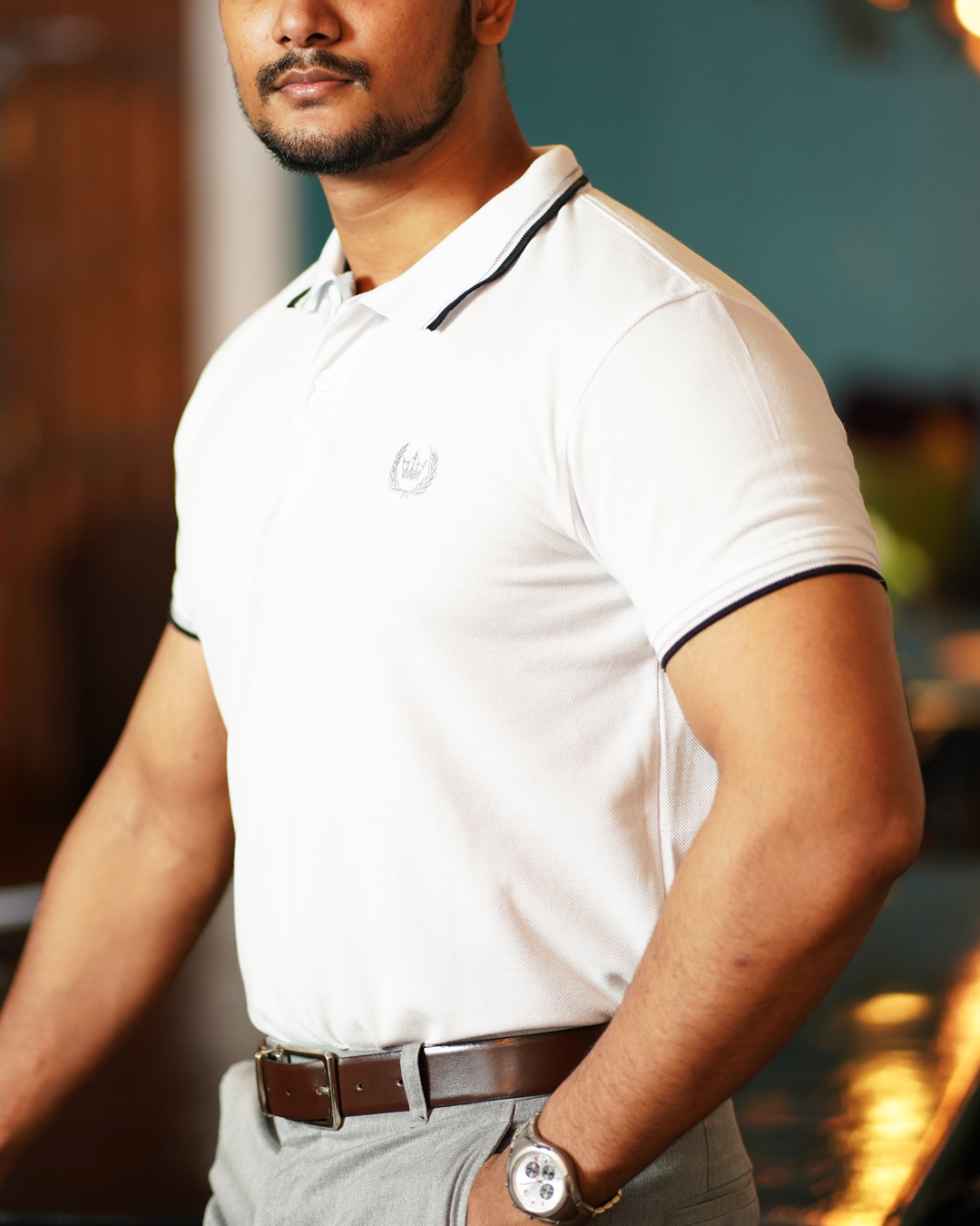 Royal White Polo with Silver Embroidery